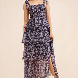 Astr Navy Floral High Low Dress